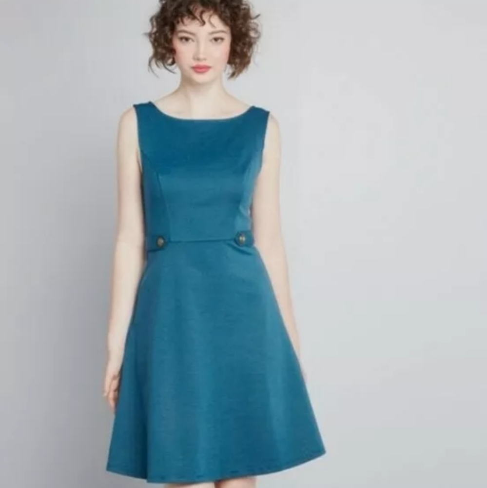 ModCloth Sixties Signature Teal Retro  Pin Dot A-Line Dress